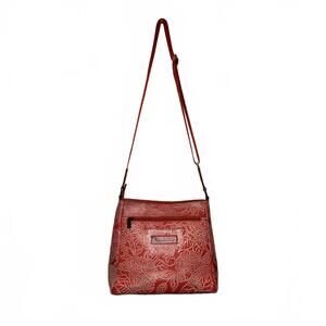 Anuschka Tooled Leather Crossbody Bag W/ Adjustable Strap-Butterfly Coral